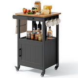 Noelse Rolling Kitchen Island with Storage and Rubber Wood Countertop, Microwaves Stand for Small Space, Black