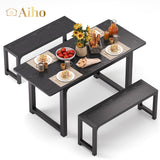 63" Dining Table Set for 4, Kitchen Table with 2 Benches, Extendable Kitchen Table Set with Metal Frame for Breakfast Nook and Small Space - Black