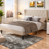 Queen Bed Frame with Wing Back Headboard, Lofka Queen Size Platform Bed with Velcro Assembly Design, Beige