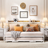 Daybed with Trundle, Twin Day Bed Frame with Storage Headboard and Charging Station, Sturdy Metal Sofa Bed with Pull-Out Trundle for Living Room, Bedroom and Guest Room - Beige