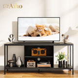 Mid-Century Wooden TV Stand for TVs up to 65" with Open Storage Shelves and Metal Frame - Black