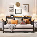 Daybed with Trundle, Twin Day Bed Frame with Storage Headboard and Charging Station, Sturdy Metal Sofa Bed with Pull-Out Trundle for Living Room, Bedroom and Guest Room - Grey