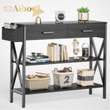 39" Console Table with 2 Drawers and 3 Tier Storage Shelves - Black