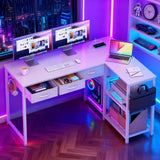 53" L Shaped Computer Desk, Lofka Gaming Desk with Drawers, Power Outlets & Shelf for Home Office, Gaming Room, White