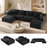 Lofka 134.3" U-Shaped Modular Sectional Sofa,Black Corduroy Oversized Cloud Couch, No Assembly