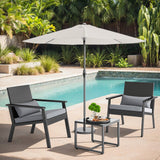3 Pieces Patio Conversation Set, Lofka Outdoor PE Rattan Patio Porch Furniture Set with 2 Lumbar Pillows, 2 Chairs, Glass Coffee Table & Soft Cushions for Garden/Deck/Courtyard/Poolside, Gray
