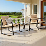 3-Piece Patio Furniture Set, Lofka Rocking Chairs with Tempered Glass Table & Weather-Resistant Iron Frame, Rocking Chair for Garden |Poolside