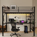 Asofer Metal Loft Bed Twin Size, Bunk Bed with Desk, Charging Station, LED Lights and CPU Station, 13" H Safety Guardrail, Black