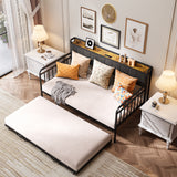 Daybed with Trundle, Twin Day Bed Frame with Storage Headboard and Charging Station, Sturdy Metal Sofa Bed with Pull-Out Trundle for Living Room, Bedroom and Guest Room - Grey