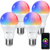 Teckin Smart Light Bulbs 7.5W 800LM E26 LED Dimmable Wi-Fi RGB Colorful Light Bulbs with Remote Control Voice Control, 4 Packs