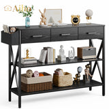 47" Console Table with 3 Drawers and 3 Tier Storage Shelves - Black