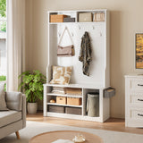 Asofer Hall Tree with Coat Rack & Storage Bench for Entrance, Mudroom Shoe Cabinet, Entryway Cubby, White