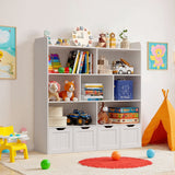 Noelse Toy Storage Cabinet and Kids Bookcase with 4 Movable Drawers and 8 Open Shelves Toy Chest Shelf Organizer with Hidden Wheels for Playroom Nursery Kids Room, White