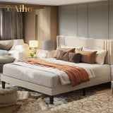 Full Bed Frame with 4 Storage Drawers and 2-Tier Headboard - Beige