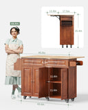 Noelse 52" Kitchen Island Carts with Drop Leaf, Large Island Table for Kitchen with Rubber Wood Top and Rack and Storage Cabinet, Brown