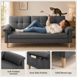 Lofka 70" Gray Linen Sofa with Side Storage Pocket Modern Couch for Living Room and Offices Linen Room Sofa