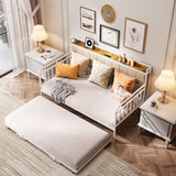 Daybed with Trundle, Twin Day Bed Frame with Storage Headboard and Charging Station, Sturdy Metal Sofa Bed with Pull-Out Trundle for Living Room, Bedroom and Guest Room - Beige