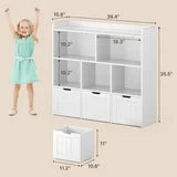 Noelse Toy Storage Cabinet and Kids Bookcase with 4 Movable Drawers and 8 Open Shelves Toy Chest Shelf Organizer with Hidden Wheels for Playroom Nursery Kids Room, White