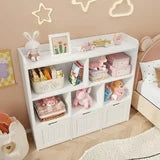 Kids Toy Storage Cabinet with 3 Movable Drawers and 6 Open Shelves, Noelse Kids Bookcase with Storage for Playroom Nursery Kids Room Organization, White