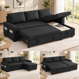 Lofka 80" L-Shaped Sleeper Sofa Bed, 3 Seat Pull-Out Couch with Reversible Chaise, Storage, Side Pockets, Black Linen Sectional Sofa