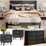 4 Pieces Bedroom Furniture Set, Includes Queen Bed Frame, Nightstands Set of 2, Double Wide 6-Drawer Dresser - Black