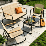 4 Piece Patio Furniture Set, Outdoor Conversation Set with 2 Textilene Rocking Chairs, 1 Loveseat and Bistro Glass Table, Brown
