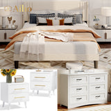 4 Pieces Bedroom Furniture Set, Includes Queen Bed Frame, Nightstands Set of 2, Double Wide 6-Drawer Dresser - White