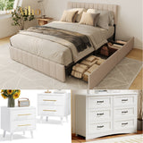 4 Pieces Bedroom Furniture Set, Includes Queen Bed Frame with Drawers, Nightstands Set of 2, Double Wide 6-Drawer Dresser - White
