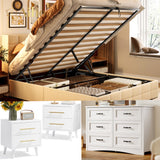 4 Pieces Bedroom Furniture Set, Includes Queen Lift Up Storage Bed, Nightstands Set of 2, Double Wide 6-Drawer Dresser - White