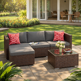 Noelse Patio Conversation Set, 5 Piece PE Rattan Outdoor Sectional Sofa Set with Coffee Table and Gray Cushions