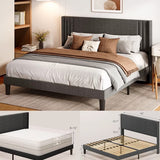 Asofer Queen Size Platform Bed Frame with Tufted Headboard, Steel Slat Support System, Grey