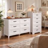 Lofka 2-Piece Bedroom Furniture Set, White Dresser Set with 6-Drawer Dresser(Retro Brown Top) & 5-Drawer Tall Dresser