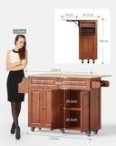 Noelse 52" Kitchen Island Carts with Drop Leaf, Large Island Table for Kitchen with Rubber Wood Top and Rack and Storage Cabinet, Brown