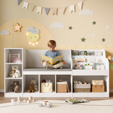 Asofer 66” Kids Toy Organization Cubby Bookcase, 7-Cubbie Bench with Cushion for Children Room Playroom