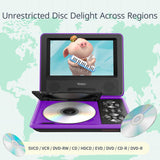 Portable DVD Player with 7.5" HD Swivel Screen for Car and Kids, with Car Charger and AC Adaptor, 1080p, Purple