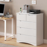 White Dresser for Bedroom with 5 Drawers, Wood Tall Chest of Drawers, Built-in Handle Drawers for Bedroom, Home, Living Room, Hallway - White