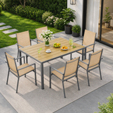 Outdoor Table and Chairs for 6 , Asofer 7pcs Outdoor Patio Dining Set with Metal Table with Umbrella Hole&Textilene Chairs for Garden & Yard, Brown