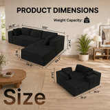 105" Lofka Modular Couch Sectional Corduroy Cloud Sofa Deep Seat L-Shaped Boneless Sectional Couch Black No Assembly