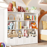 Noelse Toy Storage Cabinet and Kids Bookcase with 4 Movable Drawers and 8 Open Shelves Toy Chest Shelf Organizer with Hidden Wheels for Playroom Nursery Kids Room, White
