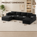 Lofka 134.3" U-Shaped Modular Sectional Sofa,Black Corduroy Oversized Cloud Couch, No Assembly