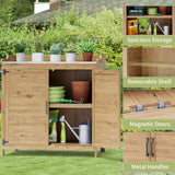 Outdoor Storage Cabinet & Potting Bench Table with Metal Top, Wooden Patio Furniture, Garden Workstation - Natural