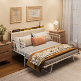 Daybed with Trundle, Twin Day Bed Frame with Storage Headboard and Charging Station, Sturdy Metal Sofa Bed with Pull-Out Trundle for Living Room, Bedroom and Guest Room - Beige