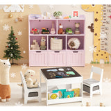 Asofer Kids 4-in-1 Furniture Set - Toddler Activity Table Chairs & Multi-Storage Bookshelf, Reversible Whiteboard/Blackboard + 3 Movable Drawers, Eco-Friendly Wood for Play Study, Pink & Gray