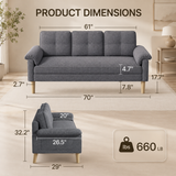 Lofka 70" Gray Linen Sofa with Side Storage Pocket Modern Couch for Living Room and Offices Linen Room Sofa