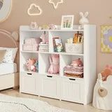 Kids Toy Storage Cabinet with 3 Movable Drawers and 6 Open Shelves, Noelse Kids Bookcase with Storage for Playroom Nursery Kids Room Organization, White