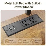Asofer Twin Metal Loft Bed with Desk, Charging Station & LED Lights - CPU Station, 13" Guardrail, Retro
