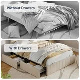 Asofer Full Bed Frames with 4 Storage Drawers on Wheels, Headboard Adjustable, Wood Slats, Beige