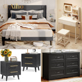 5 Pieces Bedroom Furniture Set, Includes Queen Bed Frame, Nightstands Set of 2, Double Wide 6-Drawer Dresser and Vanity Table Set - Black
