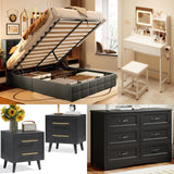 5 Pieces Bedroom Furniture Set, Includes Queen Lift Up Storage Bed, Nightstands Set of 2, Double Wide 6-Drawer Dresser and Vanity Table Set - Black
