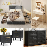 5 Pieces Bedroom Furniture Set, Includes Queen Bed Frame with Drawers, Nightstands Set of 2, Double Wide 6-Drawer Dresser and Vanity Table Set - Black